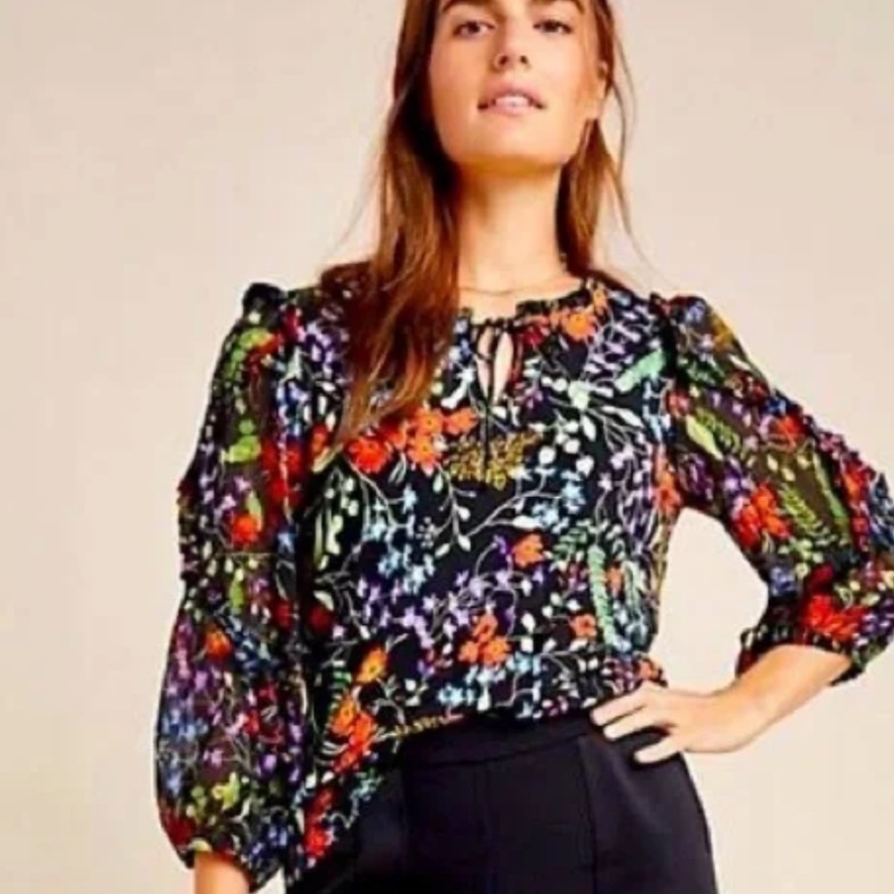 Mauve Red and Blue Ruffled Tie Front Blouse